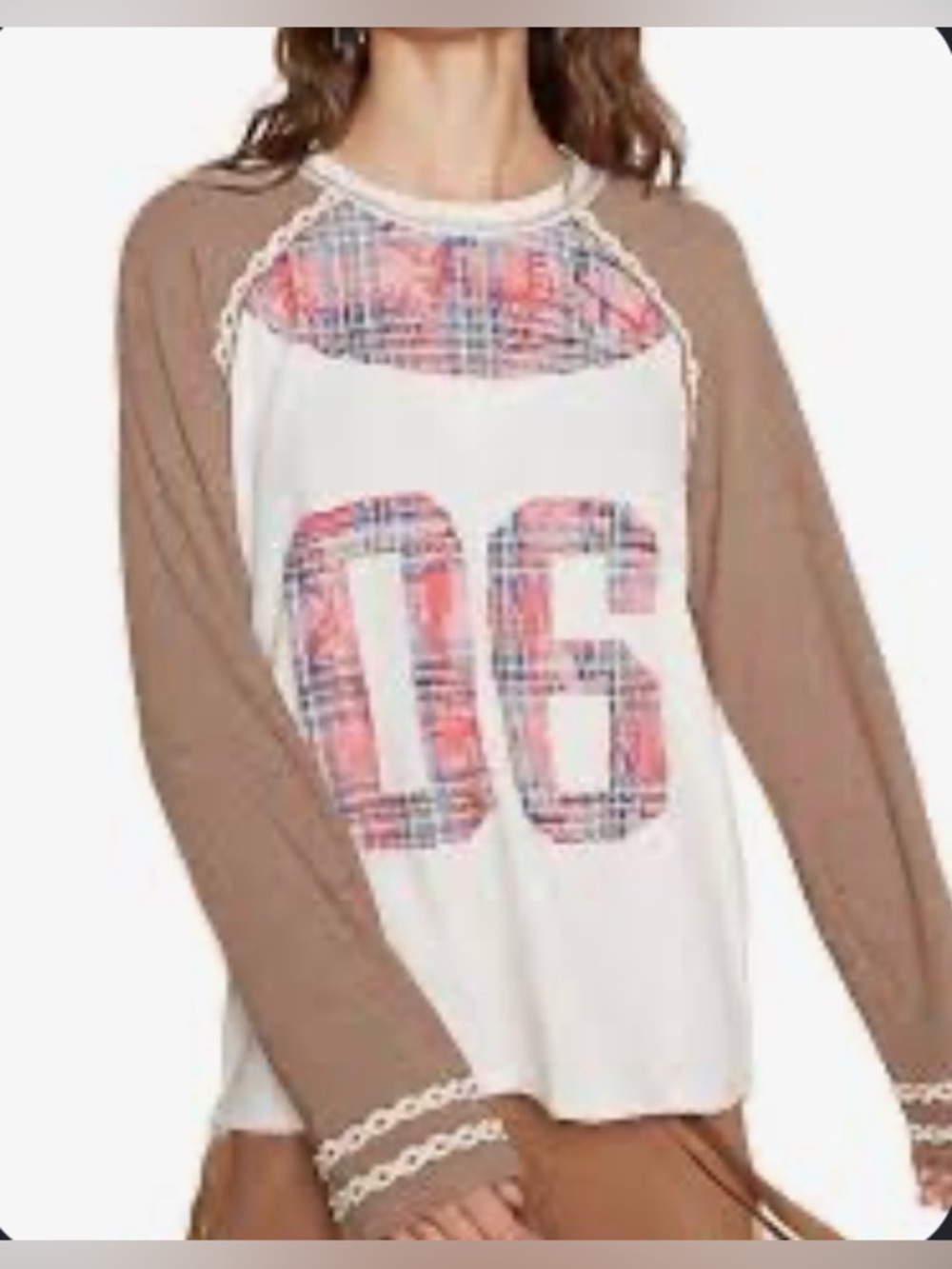 POL Raglan Varsity Knit Top with Plaid '06 Graphic— Size small - Picture 2 of 8